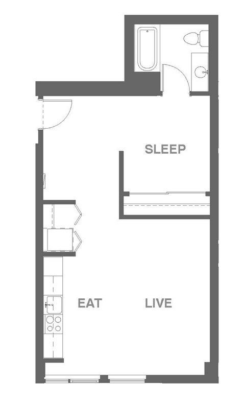 Floor plan for 1 bed, 1 bath, 607 sqft